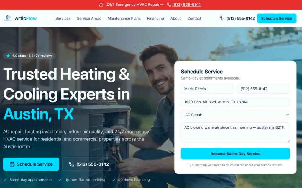 Artic flo HVAC website for small businesses