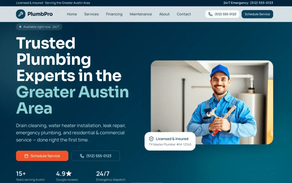 A picture of a website we built for a local plumbing company.