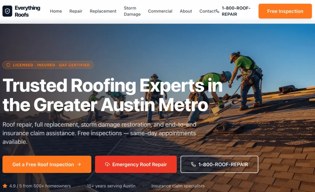 A picture of a website we built for a local roofing company.
