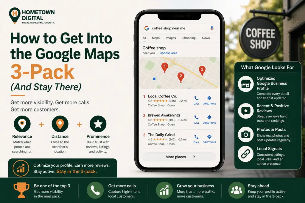 Hometown Digital blog banner titled 'How to Get Into the Google Maps 3-Pack (And Stay There).' Shows a smartphone displaying a Google search for 'coffee shop near me' with top three map results, flanked by Google ranking factors and optimization tips.