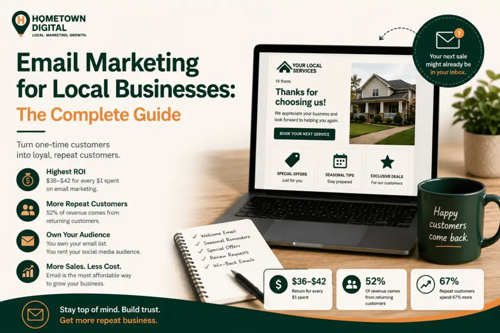 Hometown Digital blog banner titled 'Email Marketing for Local Businesses: The Complete Guide (2026).' It shows a laptop displaying a customer thank-you email mockup next to statistics highlighting email marketing ROI and repeat customer revenue.