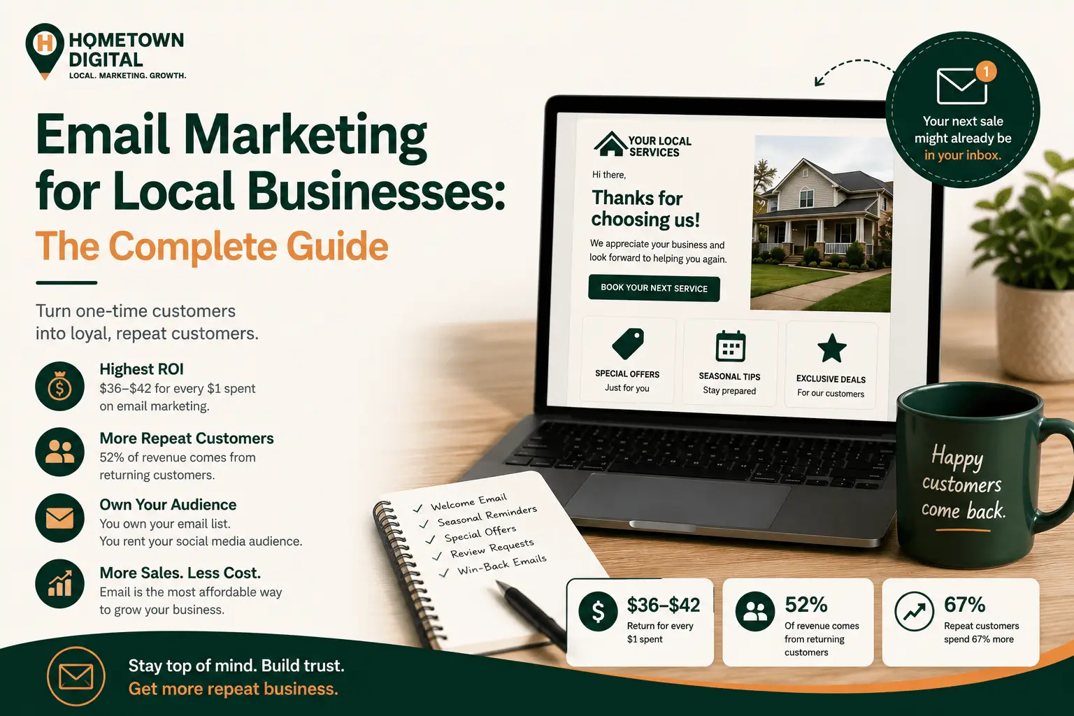 Hometown Digital blog banner titled 'Email Marketing for Local Businesses: The Complete Guide (2026).' It shows a laptop displaying a customer thank-you email mockup next to statistics highlighting email marketing ROI and repeat customer revenue.