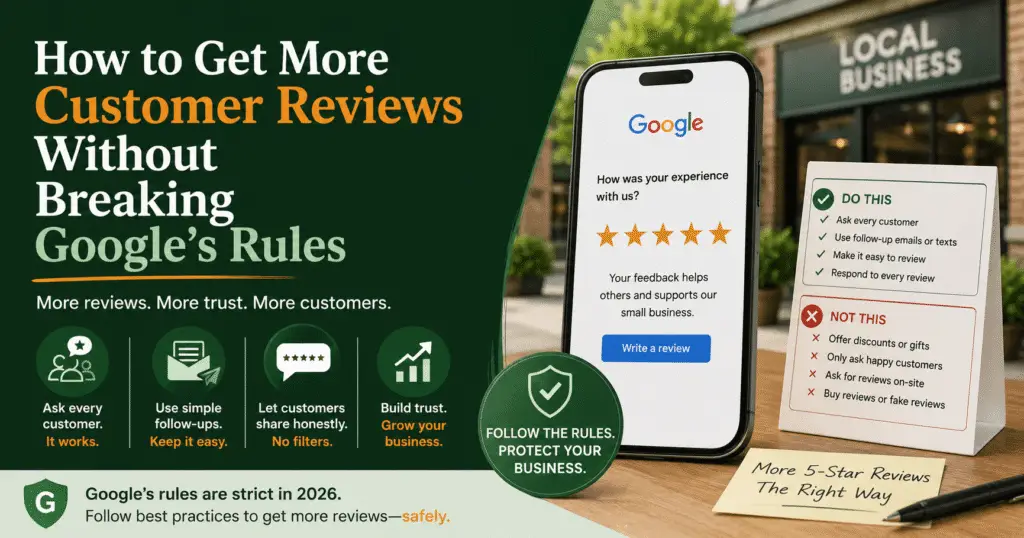 Blog banner titled 'How to Get More Customer Reviews Without Breaking Google's Rules.' Features a smartphone displaying a 5-star review request alongside a table-tent checklist comparing compliant review strategies to prohibited practices.