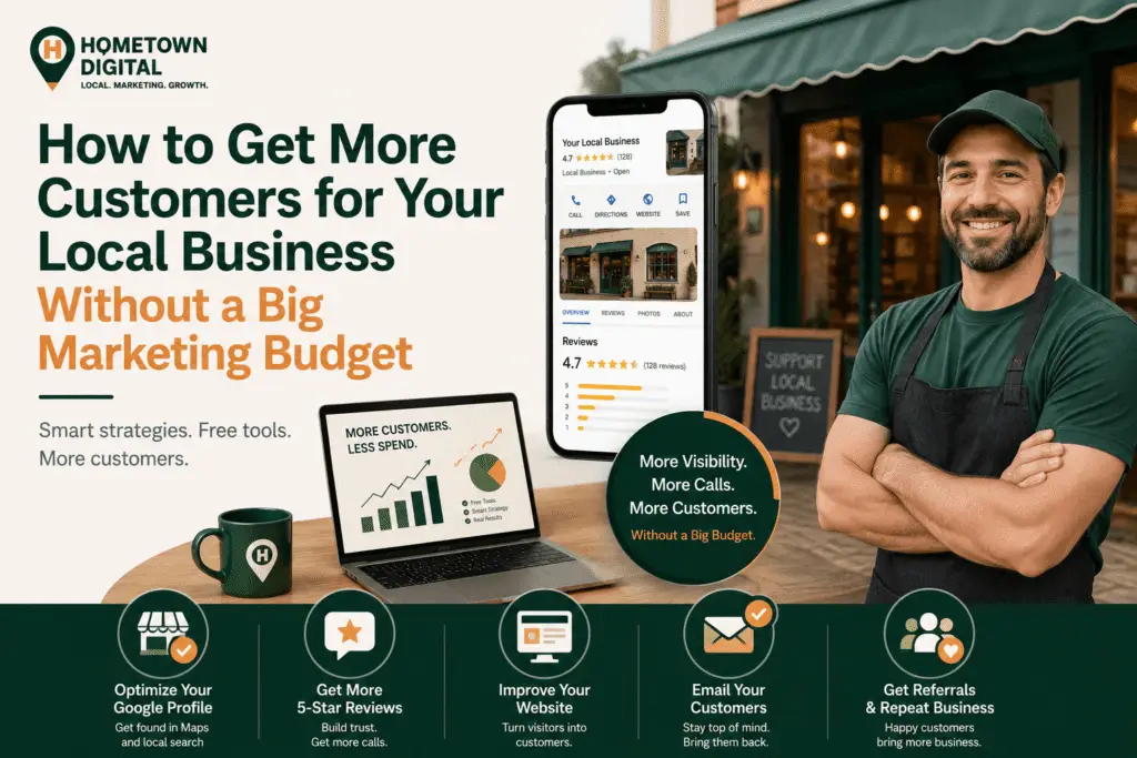 Hometown Digital blog banner titled 'How to Get More Customers for Your Local Business Without a Big Marketing Budget.' Features a smiling local business owner outside a storefront, a smartphone showing a Google Business Profile, and a laptop displaying growth metrics.