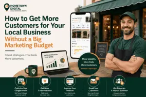 Hometown Digital blog banner titled 'How to Get More Customers for Your Local Business Without a Big Marketing Budget.' Features a smiling local business owner outside a storefront, a smartphone showing a Google Business Profile, and a laptop displaying growth metrics.