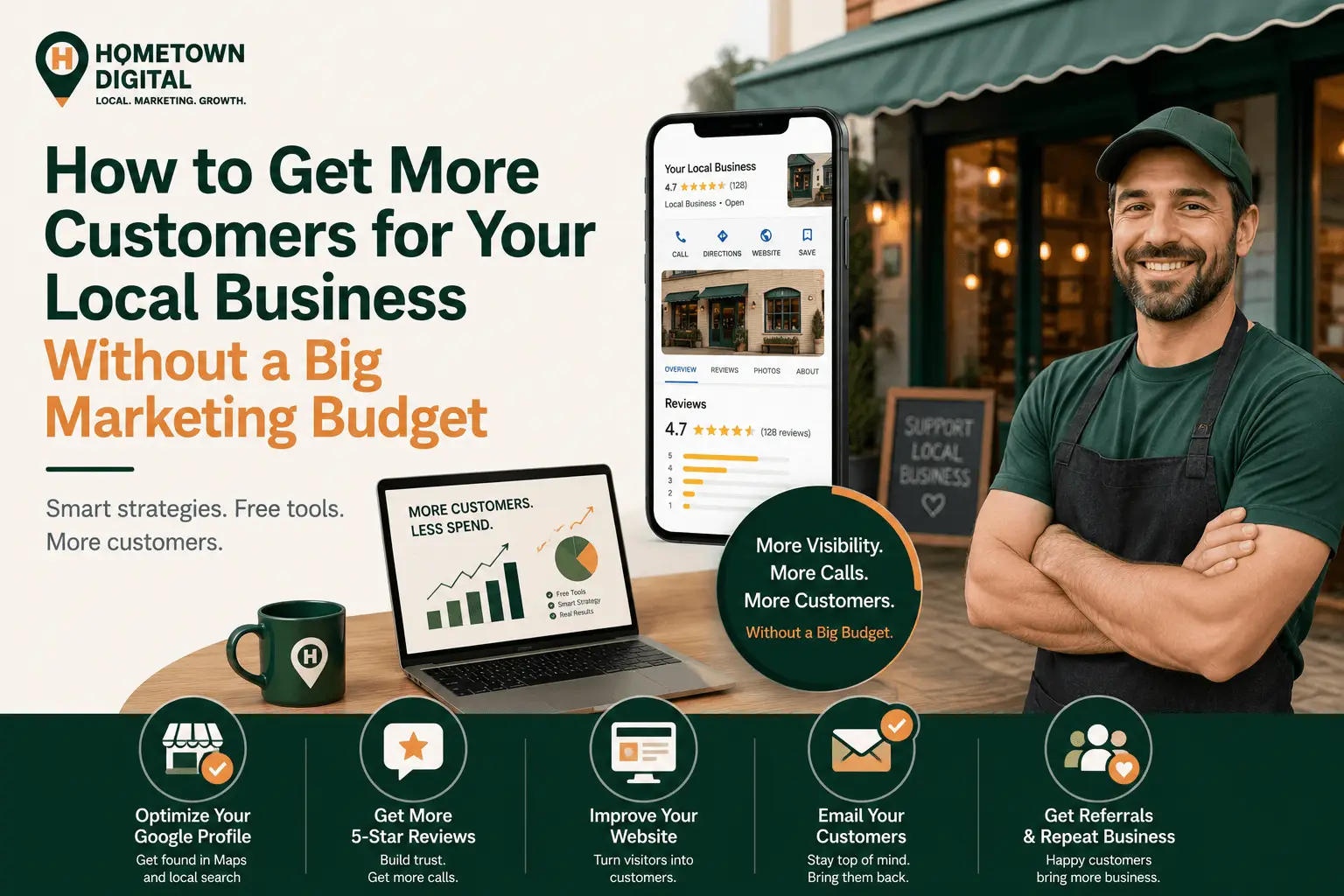 Hometown Digital blog banner titled 'How to Get More Customers for Your Local Business Without a Big Marketing Budget.' Features a smiling local business owner outside a storefront, a smartphone showing a Google Business Profile, and a laptop displaying growth metrics.