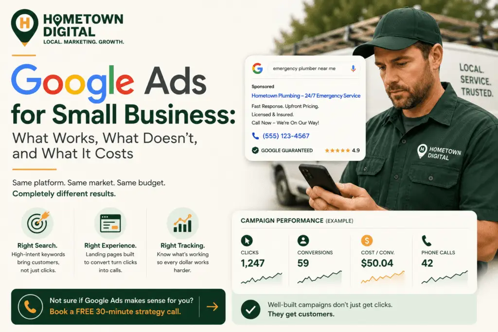 Marketing infographic by Hometown Digital titled "Google Ads for Small Business," featuring a service technician looking at his phone next to a Google local services ad mockup and a campaign performance metrics dashboard showing clicks, conversions, and phone calls.