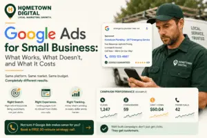 Marketing infographic by Hometown Digital titled "Google Ads for Small Business," featuring a service technician looking at his phone next to a Google local services ad mockup and a campaign performance metrics dashboard showing clicks, conversions, and phone calls.