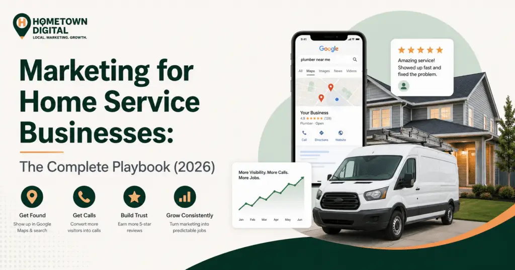 Hero graphic for Marketing for Home Service Businesses: The Complete Playbook (2026), featuring a Google Business Profile on a smartphone, a service van, a suburban home, customer review, and growth chart illustrating local business marketing.