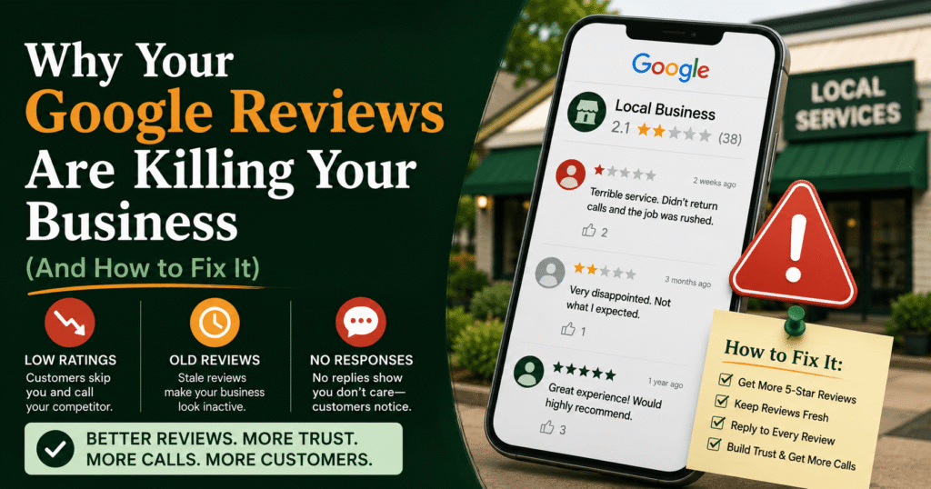 Blog banner titled 'Why Your Google Reviews Are Killing Your Business (And How to Fix It).' Displays a smartphone showing a low 2.1-star Google rating with negative reviews, paired with review management pitfalls and a sticky-note checklist on how to fix them.