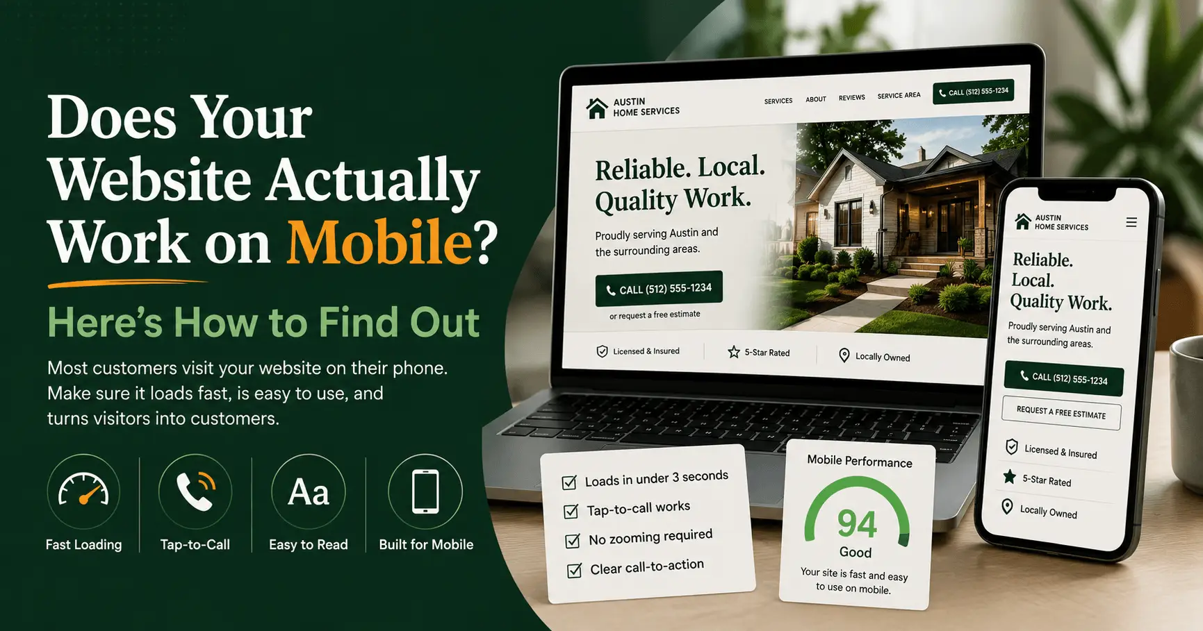 Promotional banner asking "Does Your Website Actually Work on Mobile?" featuring laptop and smartphone website mockups and a 94 mobile performance score.