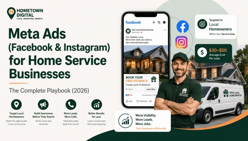 Illustration promoting Meta Ads (Facebook & Instagram) for home service businesses featuring Hometown Digital branding, a smartphone displaying a Facebook ad for a local contractor, Facebook and Instagram logos, a service technician standing in front of a work van, a suburban home, and callouts highlighting local homeowner targeting, average cost per lead, and increased visibility, leads, and jobs.