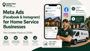 Illustration promoting Meta Ads (Facebook & Instagram) for home service businesses featuring Hometown Digital branding, a smartphone displaying a Facebook ad for a local contractor, Facebook and Instagram logos, a service technician standing in front of a work van, a suburban home, and callouts highlighting local homeowner targeting, average cost per lead, and increased visibility, leads, and jobs.