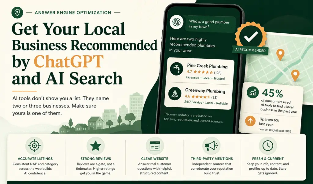 Infographic with text that says 'Get Your Local Business Recommended by ChatGPT and AI Search.' Features a smartphone mockup showing AI recommendations for local plumbers, BrightLocal 2026 statistics, and five pillars of Answer Engine Optimization.