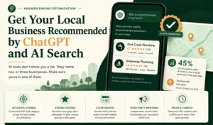 Infographic with text that says 'Get Your Local Business Recommended by ChatGPT and AI Search.' Features a smartphone mockup showing AI recommendations for local plumbers, BrightLocal 2026 statistics, and five pillars of Answer Engine Optimization.