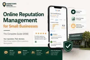 Hometown Digital blog banner titled 'Online Reputation Management for Small Businesses: The Complete Guide (2026).' Features a smartphone displaying positive Google reviews next to a local storefront, a protective shield icon, and key benefits.