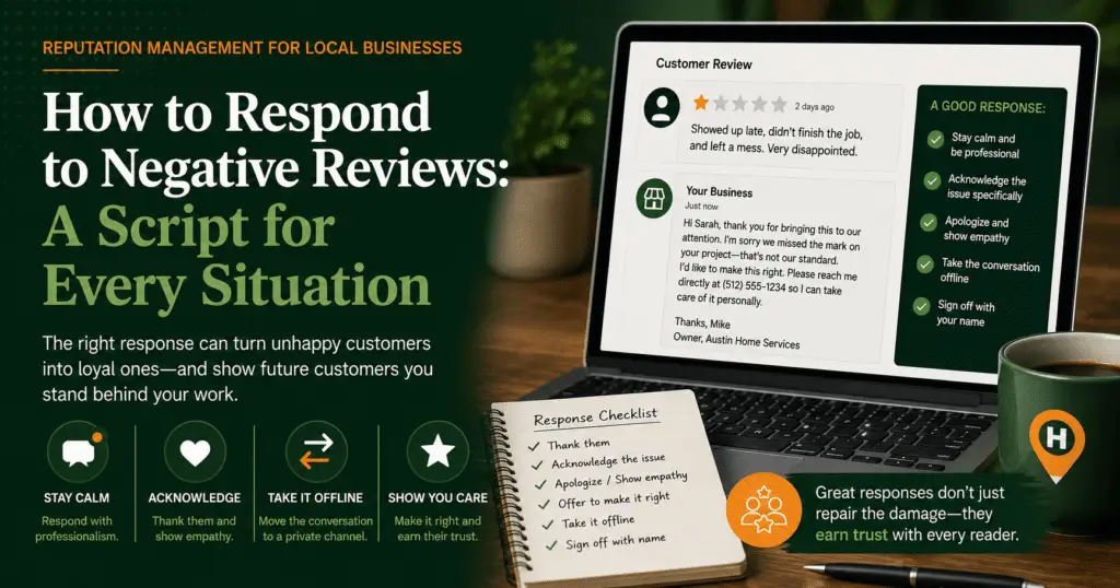 Blog header titled "How to Respond to Negative Reviews: A Script for Every Situation" featuring a laptop with a customer review response example and a notepad checklist.
