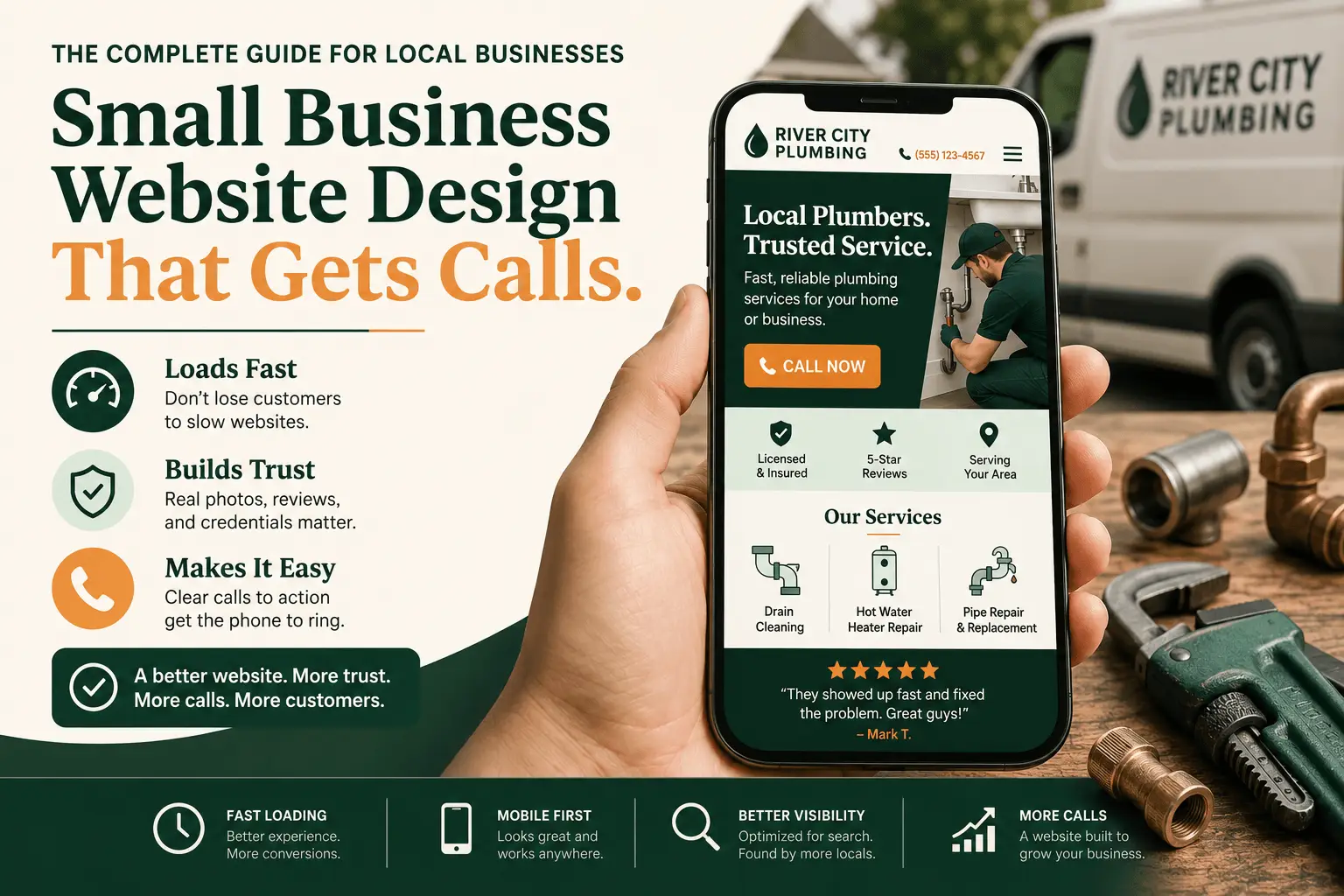 Promotional graphic titled "Small Business Website Design That Gets Calls," showcasing a hand holding a smartphone with a mobile-responsive local plumbing website mockup, next to plumbing tools and a service van.