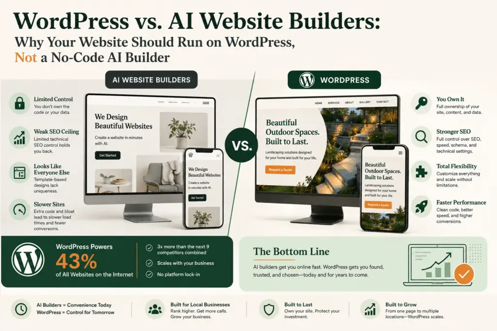 Comparison infographic showing WordPress vs. AI website builders, highlighting WordPress advantages including website ownership, stronger SEO, faster performance, scalability, and customization compared to no-code AI website builders.