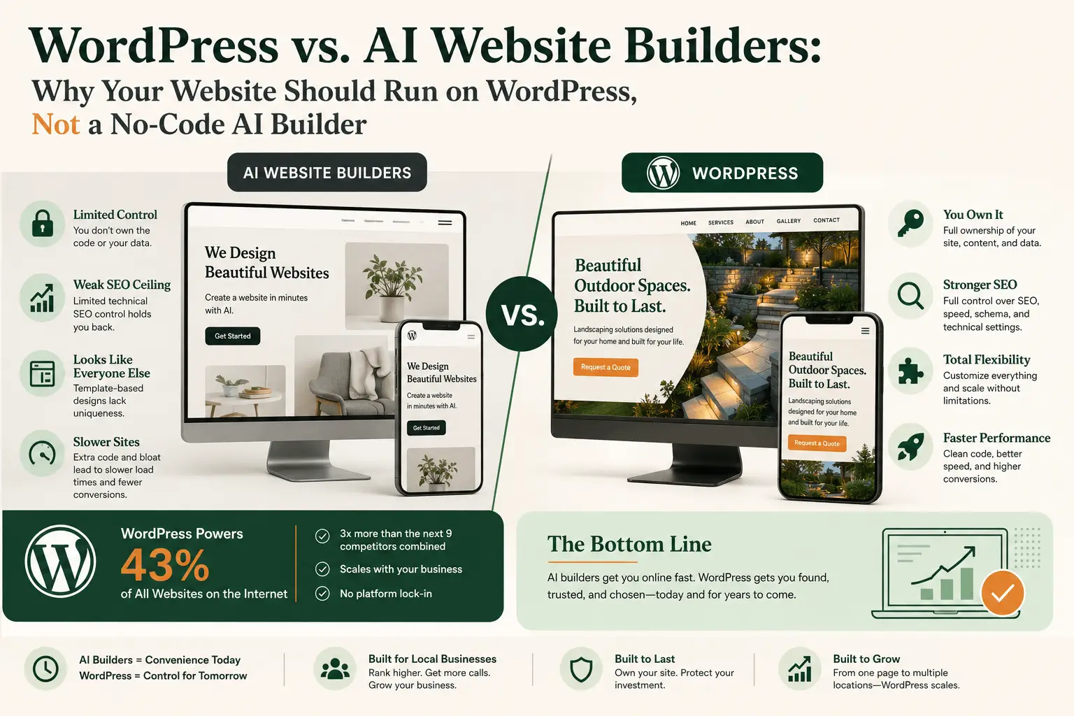 Comparison infographic showing WordPress vs. AI website builders, highlighting WordPress advantages including website ownership, stronger SEO, faster performance, scalability, and customization compared to no-code AI website builders.