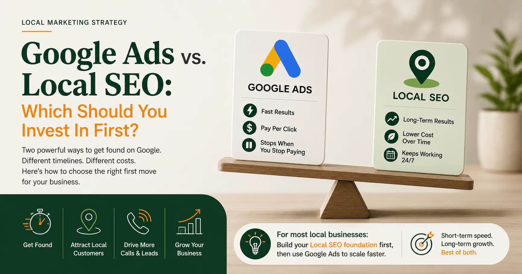 Local marketing infographic titled "Google Ads vs. Local SEO: Which Should You Invest In First?" It shows Google Ads (fast results, pay-per-click) and Local SEO (long-term results, lower cost over time) balanced on a scale, recommending businesses build Local SEO first then scale with Google Ads.