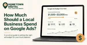 Short Alt Text (Best for standard HTML alt attributes) alt="Hometown Digital blog banner titled 'How Much Should a Local Business Spend on Google Ads?' Features a laptop displaying a campaign dashboard with a recommended monthly budget of $1,500–$3,000 and metrics for clicks, leads, and cost per lead.