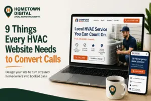 Hometown Digital blog banner titled '9 Things Every HVAC Website Needs to Convert Calls.' Features a laptop and smartphone displaying desktop and mobile mockups for a heating and cooling service website.