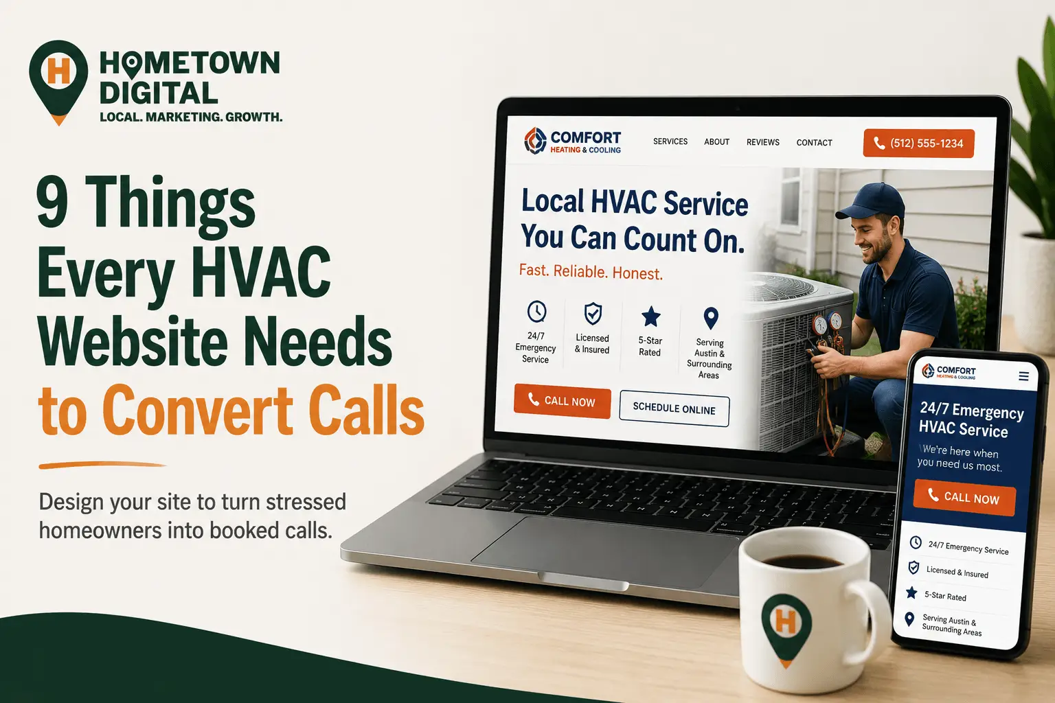 Hometown Digital blog banner titled '9 Things Every HVAC Website Needs to Convert Calls.' Features a laptop and smartphone displaying desktop and mobile mockups for a heating and cooling service website.