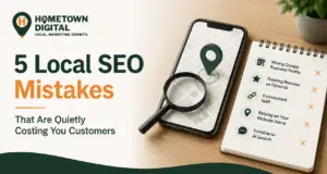 Hometown Digital blog banner titled '5 Local SEO Mistakes That Are Quietly Costing You Customers.' Features a smartphone displaying a map with a magnifying glass next to a notepad listing five local SEO pitfalls marked with X's.