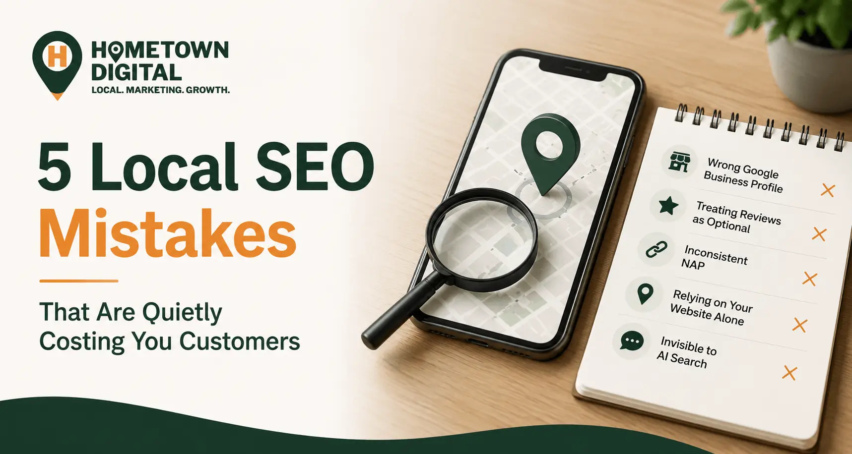 Hometown Digital blog banner titled '5 Local SEO Mistakes That Are Quietly Costing You Customers.' Features a smartphone displaying a map with a magnifying glass next to a notepad listing five local SEO pitfalls marked with X's.