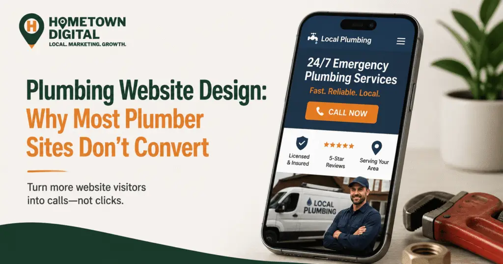 Hometown Digital blog banner titled 'Plumbing Website Design: Why Most Plumber Sites Don't Convert.' Features a smartphone displaying a high-converting mobile plumbing website next to a pipe wrench.