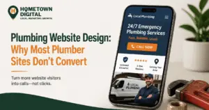 Hometown Digital blog banner titled 'Plumbing Website Design: Why Most Plumber Sites Don't Convert.' Features a smartphone displaying a high-converting mobile plumbing website next to a pipe wrench.