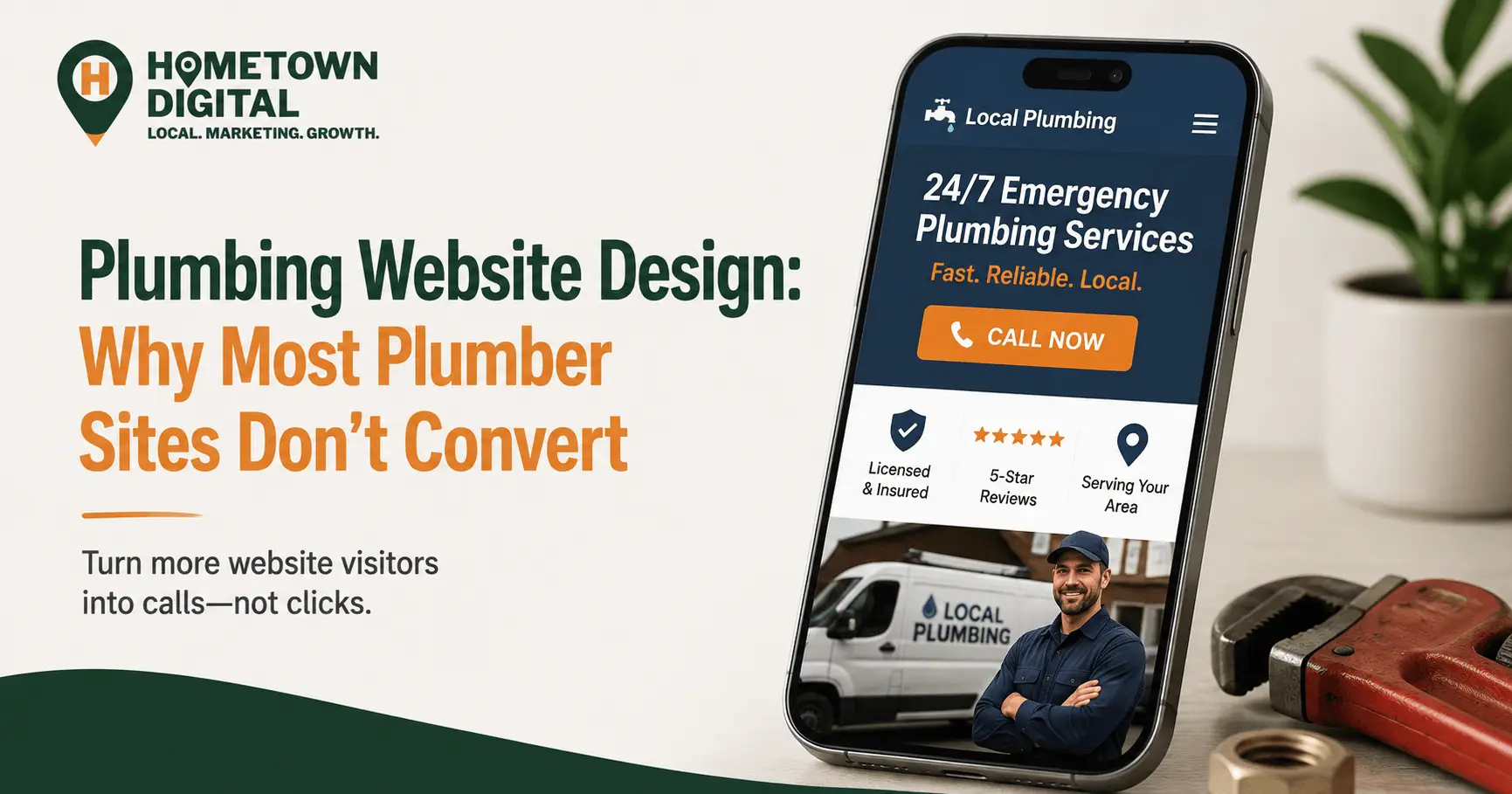 Hometown Digital blog banner titled 'Plumbing Website Design: Why Most Plumber Sites Don't Convert.' Features a smartphone displaying a high-converting mobile plumbing website next to a pipe wrench.