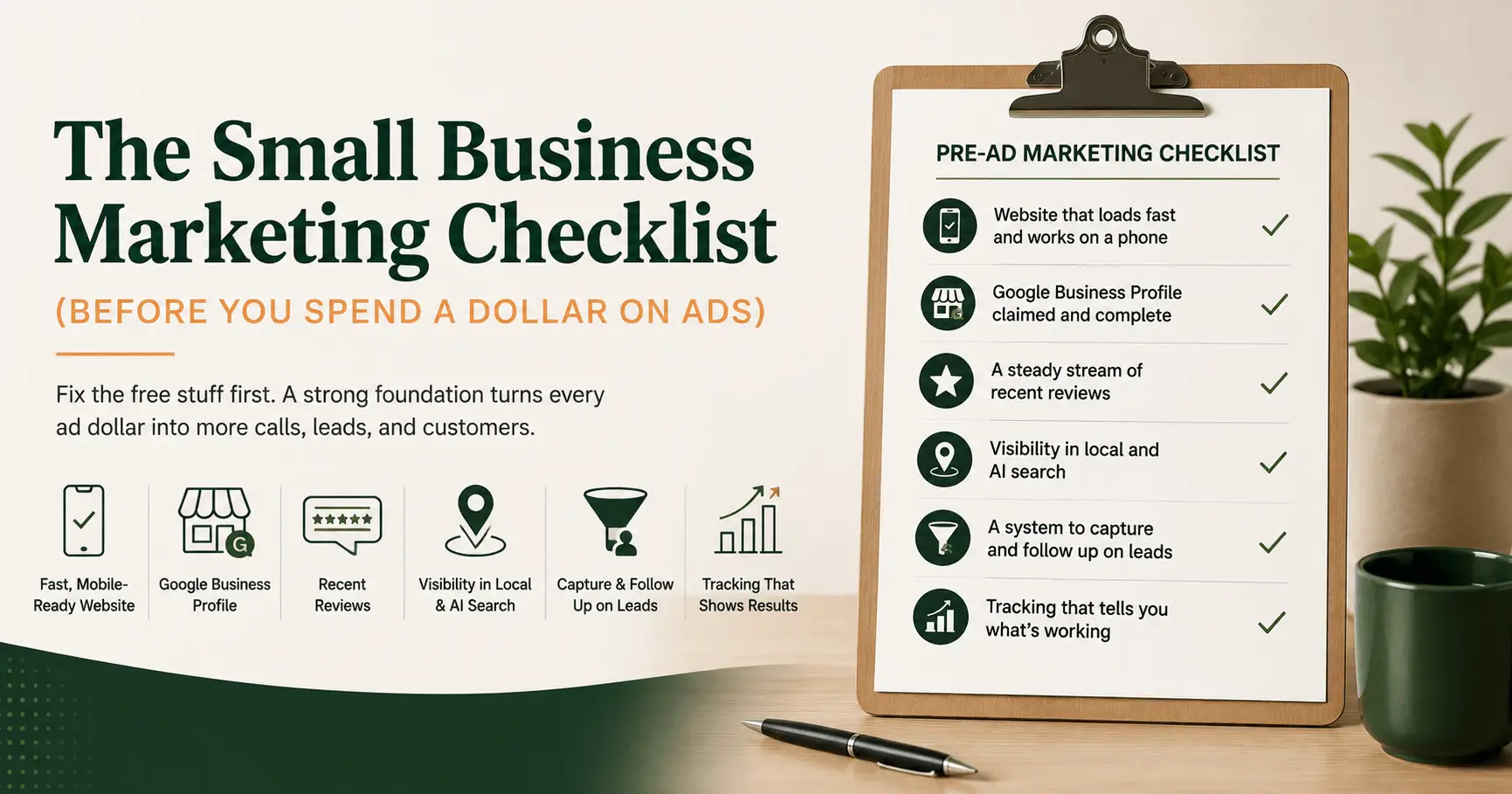 Infographic titled "The Small Business Marketing Checklist (Before You Spend a Dollar on Ads)." Features a clipboard listing six key requirements: fast mobile website, claimed Google Business Profile, recent reviews, local and AI search visibility, lead follow-up system, and performance tracking.