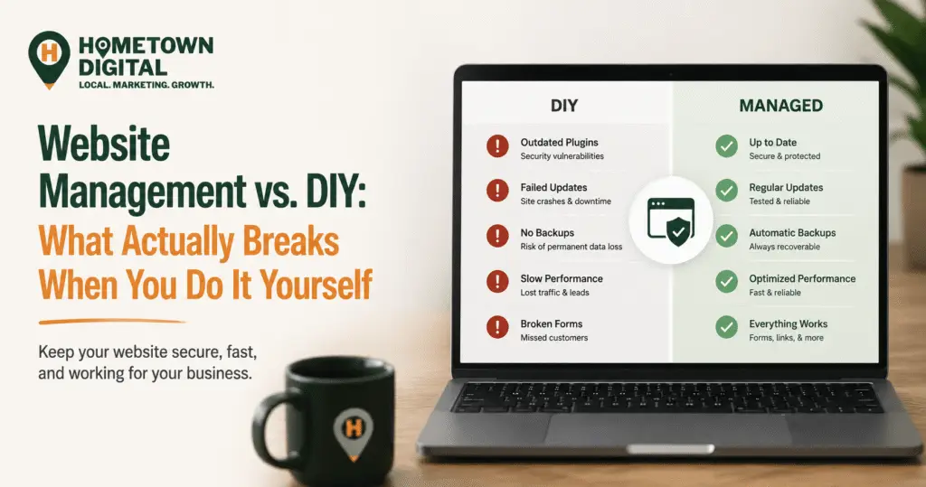Hometown Digital blog banner titled 'Website Management vs. DIY: What Actually Breaks When You Do It Yourself.' Features a laptop displaying a side-by-side comparison of DIY website risks versus professional managed website benefits.