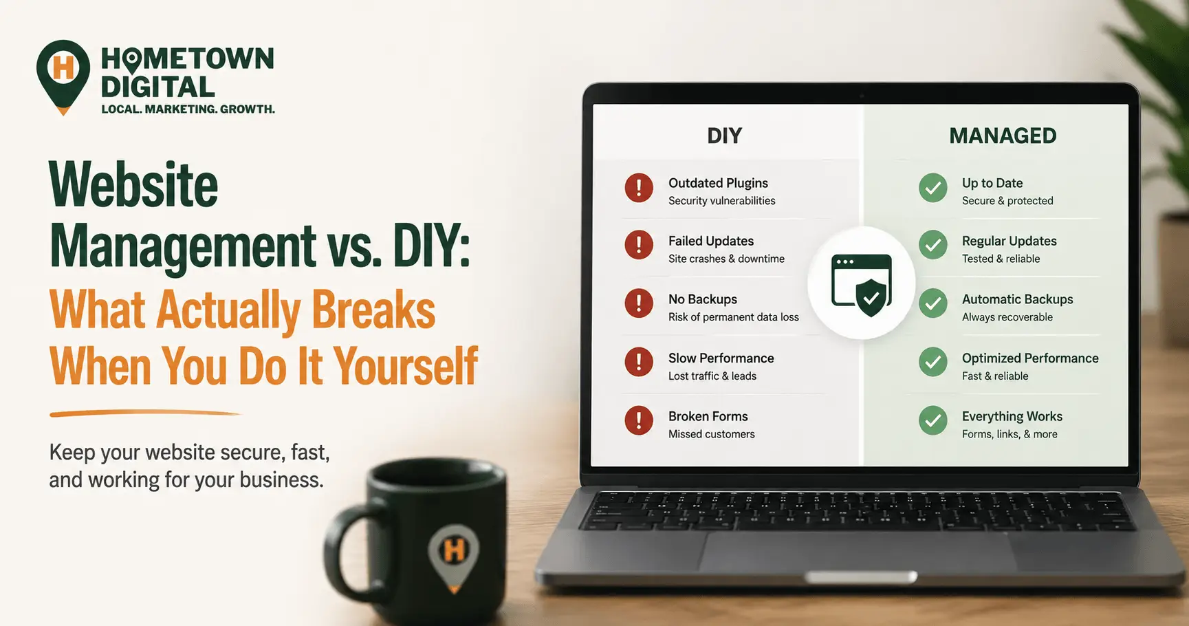 Hometown Digital blog banner titled 'Website Management vs. DIY: What Actually Breaks When You Do It Yourself.' Features a laptop displaying a side-by-side comparison of DIY website risks versus professional managed website benefits.