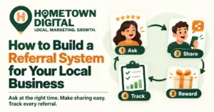 Hometown Digital blog banner titled 'How to Build a Referral System for Your Local Business.' Features a 4-step circular diagram illustrating the referral loop: Ask, Share, Reward, and Track.