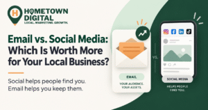Hometown Digital blog banner titled 'Email vs. Social Media: Which Is Worth More for Your Local Business?' Features a side-by-side comparison graphic of an email card and a smartphone displaying social media app icons.