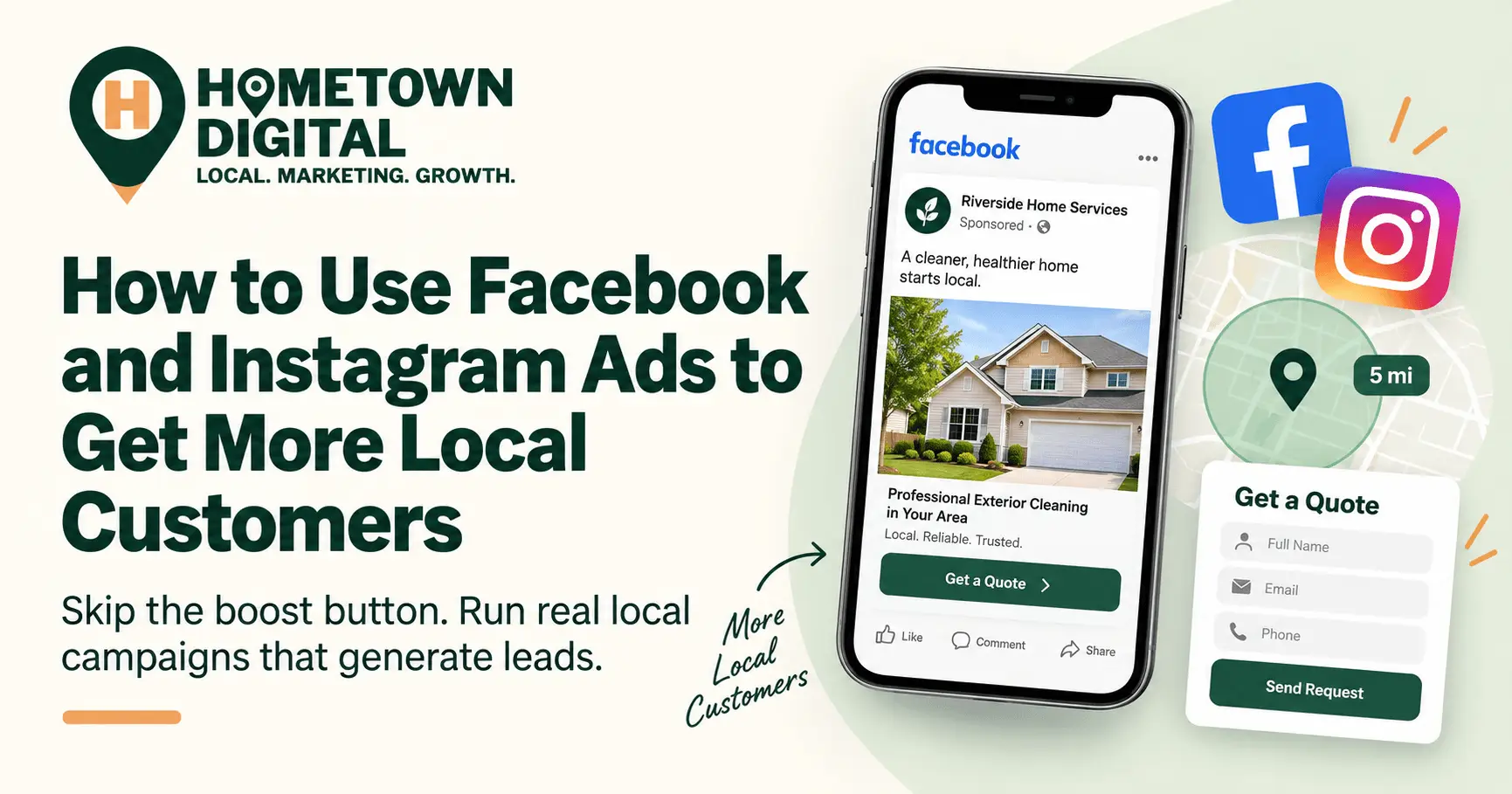 Hometown Digital blog banner titled 'How to Use Facebook and Instagram Ads to Get More Local Customers.' Features a smartphone displaying a sponsored Facebook ad for an exterior cleaning business next to a 5-mile geotargeting map and a lead capture form.