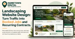 Hometown Digital blog banner titled 'Landscaping Website Design: Turn Traffic Into Booked Jobs and Recurring Contracts.' Features a laptop and smartphone displaying desktop and mobile website mockups for Ridgeview Landscaping.