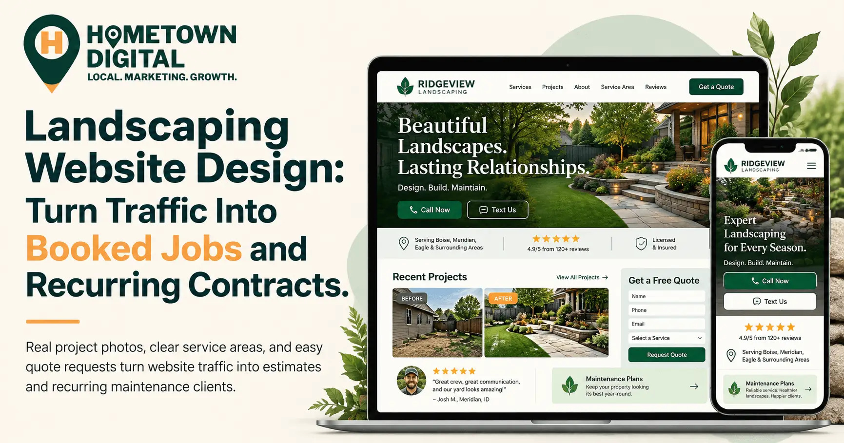 Hometown Digital blog banner titled 'Landscaping Website Design: Turn Traffic Into Booked Jobs and Recurring Contracts.' Features a laptop and smartphone displaying desktop and mobile website mockups for Ridgeview Landscaping.